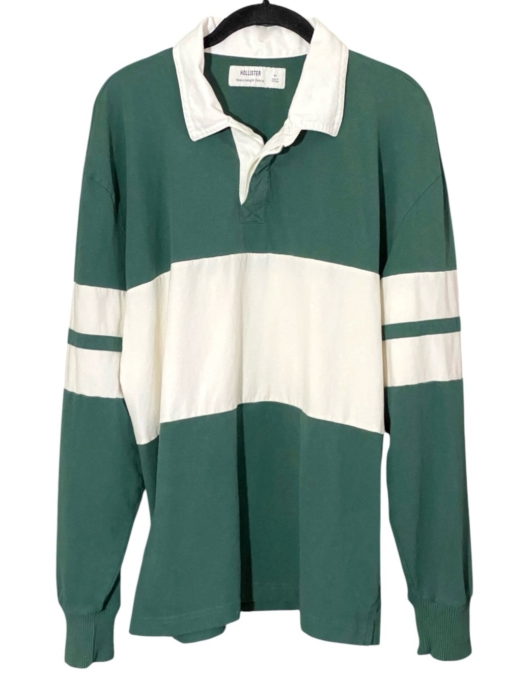 Hollister Green Rugby Shirt M Heavyweight Cotton Striped Long Sleeve Preppy - Picture 2 of 8